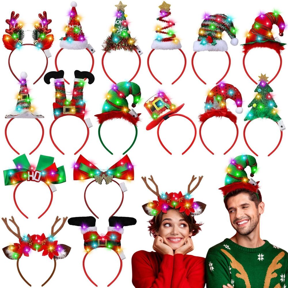 3048 16 Pcs Christmas LED Headbands Xmas Tree Costume Headwear Reindeer Elf